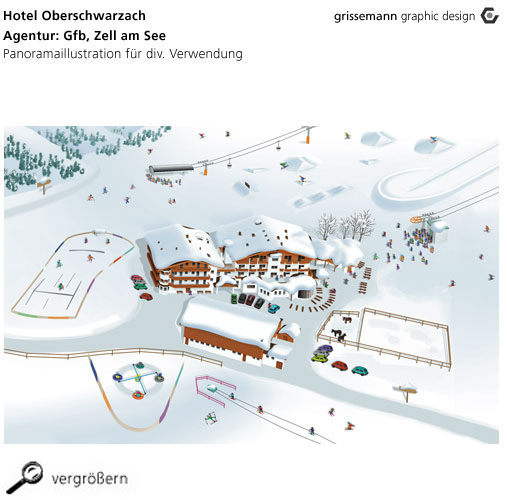grissemanndesign, panoramaillustration hotel oberschwarzach, zell am see, logodesign, flash animation, piktogramme, internetseiten, printdesign , printdesign